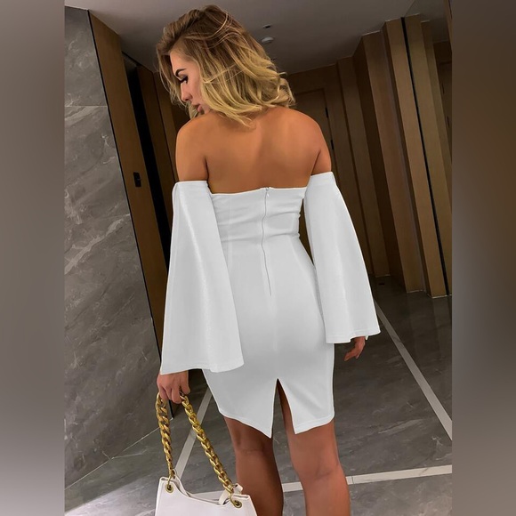 Joyfunear Off Shoulder Split Sleeve Bodycon Dress - Picture 2 of 5